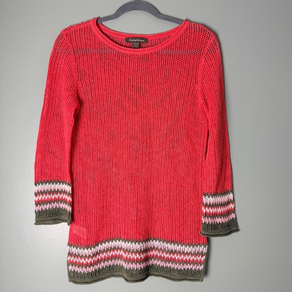 Tommy Bahama Sweaters - Tommy Bahama Coral Linen Blend Open-Knit Crewneck Sweater Striped Sleeve XS